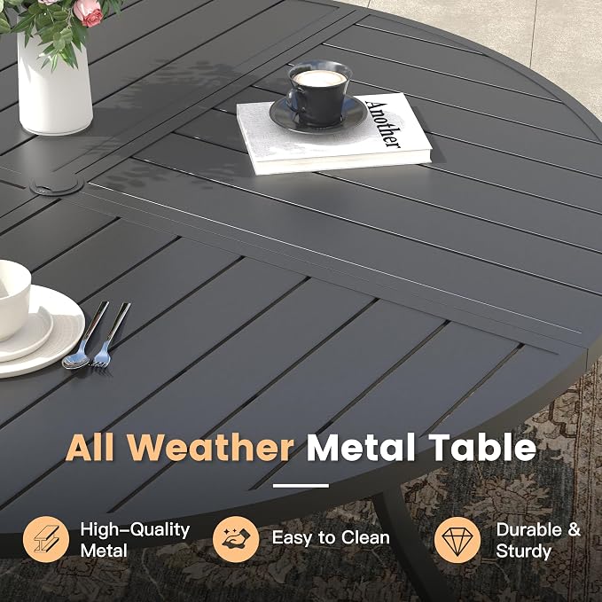 Outdoor Dining Set for 6, 50.1" Metal Round Outdoor Dining Table with Umbrella Hole and Sling Patio Swivel Chairs, 7 Pieces Patio Table and Chairs Set for Garden Backyard, Charcoal and Black