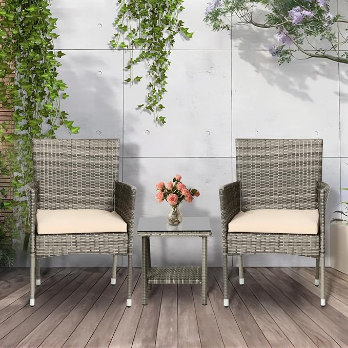 PayLessHere Set of 3 Outdoor Furniture Set Patio Furniture Set Gray Conversation Set with 2 Rattan Chairs Glass Coffee Table for Coffee Bar Poolside Patio Outdoor, Khaki Cushions
