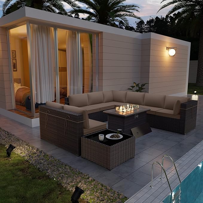 Patio Furniture Sectional Sofa 10PCS PE Rattan Patio Conversation Set w/43in Gas Fire Pit Table, Patio Outdoor Furniture with 4 Inch Thickened Cushions and Glass Coffee Tables, Sand