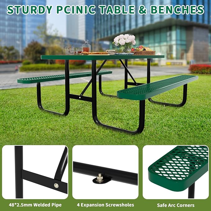 6FT Rectangular Metal Picnic Table for Outdoors, Commercial Steel Metal Picnic Tables, Heavy Duty Sturdy Picnic Tables Furniture Set for Patio Garden Courtyard BBQ, with Umbrella Hole, Green