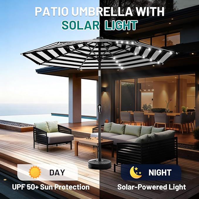 AreShark 9FT Patio Umbrella with Solar Lights, 32 Lighted Solar Table Market Umbrella w/Tilt and Crank Outdoor Umbrella for Garden, Deck, Backyard, Pool and Beach, Black and White Stripe