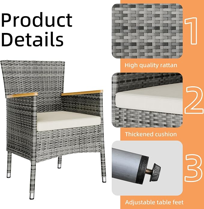 Vongrasig 5 Piece Small Patio Dining Set, Space-Saving Outdoor Wicker Furniture Conversation Set with Wood Table and Cushioned Rattan Chairs for Lawn, Garden, and Backyard (Gray)