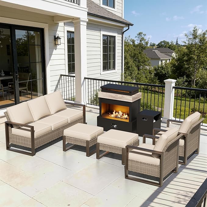 6 Pieces Metal Wicker Patio Furniture Set - 75" Sofa, Two Armchairs and Two Ottomans, One Fireplace All Weather Rattan Outdoor Conversation Furniture with Washable Cushion for Deck Porch, Beige