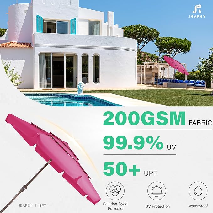JEAREY 3 Tiers 9 FT Patio Umbrellas Outdoor Table Umbrella with Push Button Market Umbrella 8 Sturdy Ribs UV Protection Waterproof for Garden,Pink
