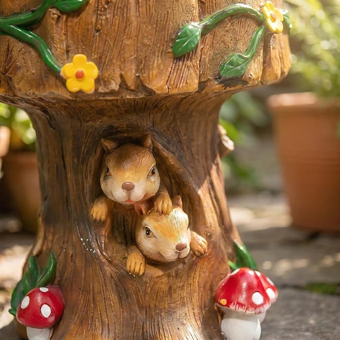 Resin Squirrel Tree Stump Stool – 12.6" Whimsical Garden Seat & Side Table | Outdoor & Indoor Decorative Chair for Patio, Backyard, Fairy Garden, Kids Room | Weather-Resistant Forest Figurine Decor