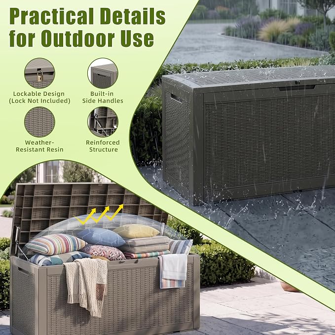 ROJIK 120 Gallon Waterproof Outdoor Deck Storage Box, Lockable Resin Patio Storage Bin with Lid for Garden Tools, Patio Cushions & Outdoor Accessories(Grey)