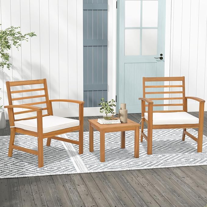 Tangkula 3 Pieces Outdoor Furniture Set, Acacia Wood Conversation Set with Soft Seat Cushions, Stable Acacia Wood Frame, Patio Sofa & Coffee Table Set for Backyard, Porch, Poolside (White)