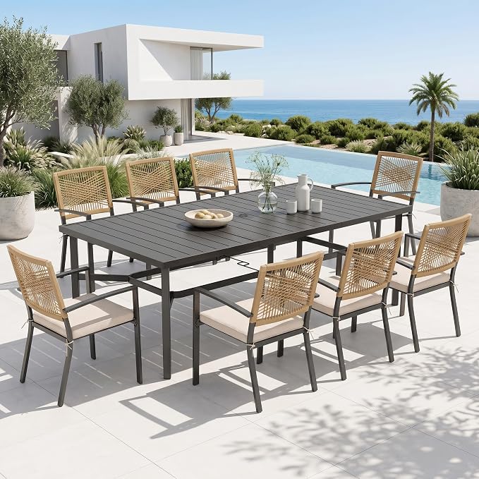 PHI VILLA 9pc Patio Dining Set, 82" Rectangular Table, Wicker Chairs | Outdoor Dining Set for 8, Large Patio Dining Table Set with Patio Wicker Chairs for Garden, Porch, Deck