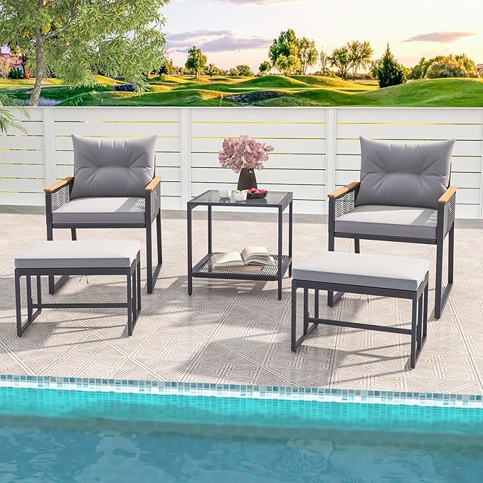 Tangkula 5 Pieces Outdoor Conversation Set, Patio Rattan Armchairs with 2-Tier Side Table & 2 Ottomans, Acacia Wood Armrests & Heavy-Duty Metal Frame, Patio Chairs Set for Porch, Poolside (Grey)