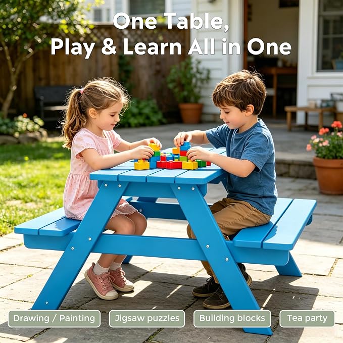 WestinTrends Malibu Outdoor Patio and Indoor Kids HDPE Plastic Picnic Bench Table, Pacific Blue