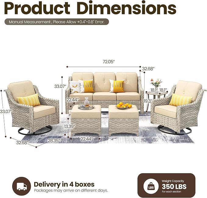 6 Piece Patio Furniture Set with Swivel Rocker Chairs, Outdoor Wicker High Back Sofa Glider Chair Ottoman with Cushion, All Weather Conversation Sets for Backyard Poolside Deck Beige