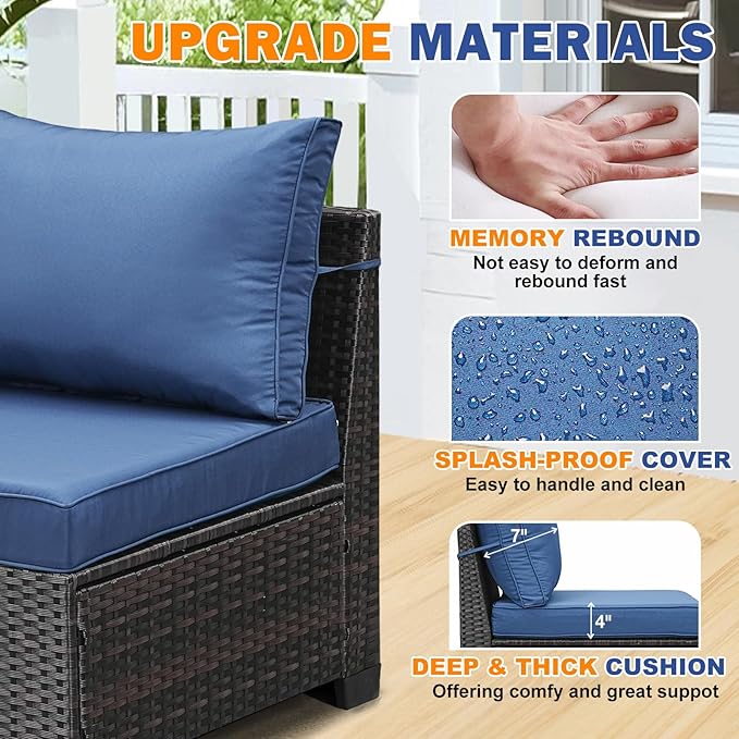 10 Pieces Patio Furniture Set, Wicker PE Rattan Outdoor Sectional with Cushion & Coffee Table, Patio Conversation Sofa for Garden, Backyard, Poolside, Navy