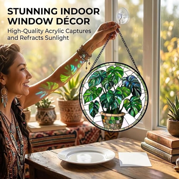 Birthday Gifts for Women - Green Monstera Plant Faux Stained Glass Window Hanging Sun Catcher for Door Garden Acrylic Decor Mother's Day Christmas for Mom Nana Grandma Sisters Wife 7.8"