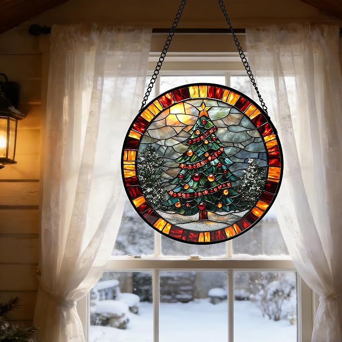 DASTOLL Stained Glass Window Hanging - Winter Christmas Tree Suncatcher Ready to Hang Window Doors Home Decoration, Christmas, Mother's Day Birthday Gifts for Women, Men, and Mom 11.8x11.8 in