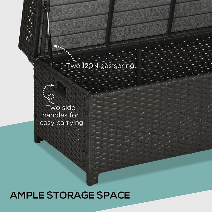 Outdoor Wicker Storage Bench Deck Box, PE Rattan Patio Furniture Pool Container Storage Bin with Interior Waterproof Bag and Comfortable Cushion, Cream White