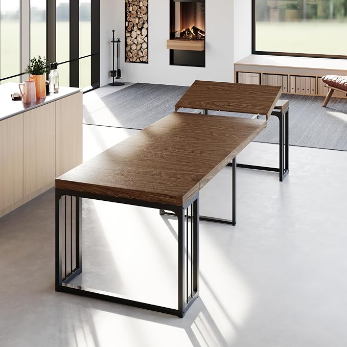 Lasageldar 118" Extendable Dining Table for 10 People, Modern Space Saving Wood Dinner Table for Kitchen Dining Living Room Outdoor Patio (Walnut Brown)