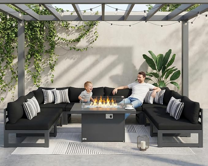 BULEXYARD 9 Pcs Large Modern Aluminum Outdoor Sofa with Rectangular Fire Pit Table, 29" Deep Wide Seat, 500 lbs Durable Sectional Set for Heavy People, All-Weather Patio Furniture Set for Deck, Black