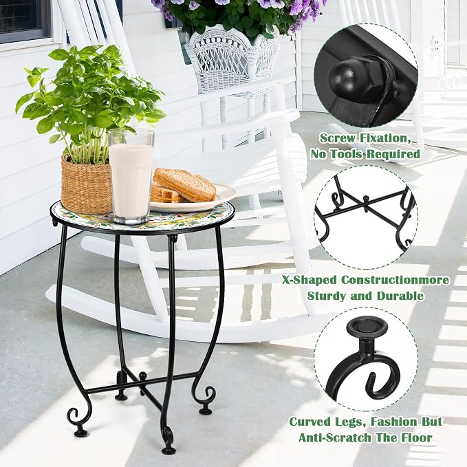 Outdoor Round Side Table, 14'' Unique Colorful Pastoral Style Plant Stand,Mosaic End Table,Bistro Accent Table for Garden Yard Parch Balcony Mother's Day Housewarming Gift