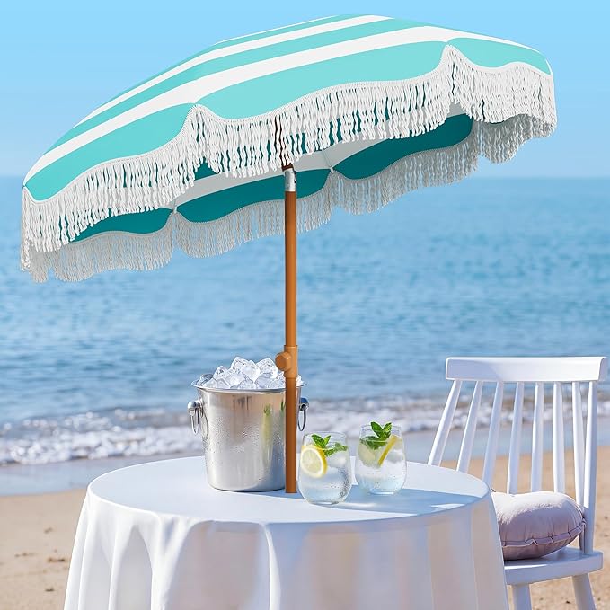 AreShark 7ft Patio Umbrella with Fringe, UPF50+ Beach Umbrella for Table, Pool & Garden, Portable Outdoor Tassels Umbrella w/Fiberglass Ribs&Push Bottom Tilt(Blue and White Stripe)