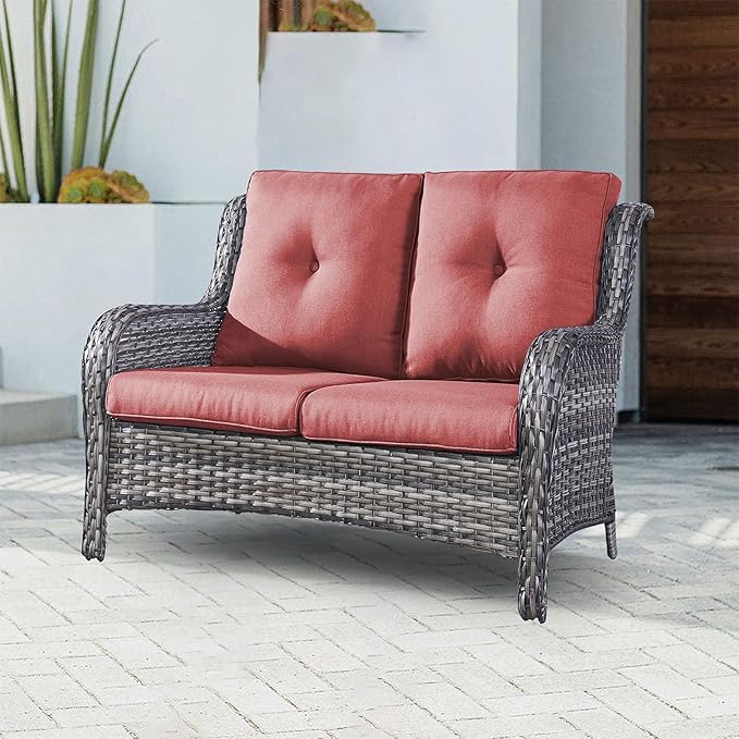 Rilyson Outdoor Loveseat Wicker Patio Sofa - 2 Seat Rattan Outdoor Couch Patio Furniture with Deep Seating and Comfortable Cushions for Outside Porch Deck Balcony(Mixed Grey/Red)