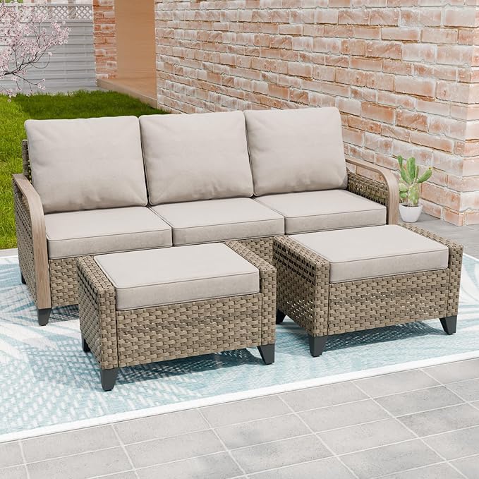 Modern Wicker Patio Furniture Set, Rattan Outdoor Conversation Set with Comfortable Cushions, 3 Seat Couch and 2 Ottomans, 3 Pieces, Brown/Gray