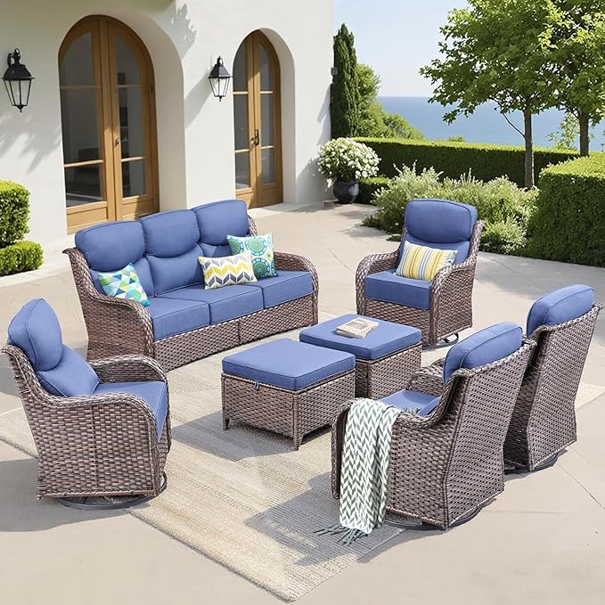 Luxury 7 Pieces Patio Furniture Set, Wicker Swivel Rocker Patio Chairs with 6" Thick Cushion, Outdoor Wicker Sofa with Coffee Table, All Weather Outdoor Conversation for Garden Porch(Brown/Blue)