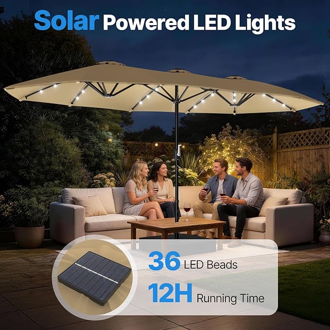 Suteck 15x9ft Patio Umbrella with Base & Solar Lights Included - Double-Sided Outdoor Large Umbrella with & Crank Handle, UV & Fade Resistant Canopy for Poolside, Backyard, Beige
