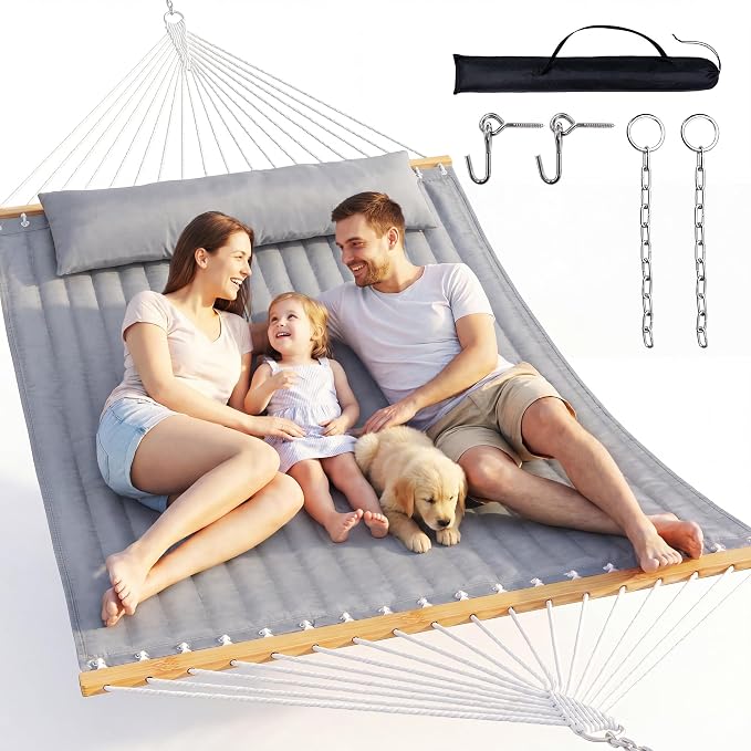 Everyfun Double Hammock with Spreader Bar - 2 Person Patio Hammock, 500 lbs Capacity, Soft Pillow & Carry Bag, Flat Wide Bed, Portable Quilted Hammock for Outdoor Camping Backyard Garden,Dark Gray