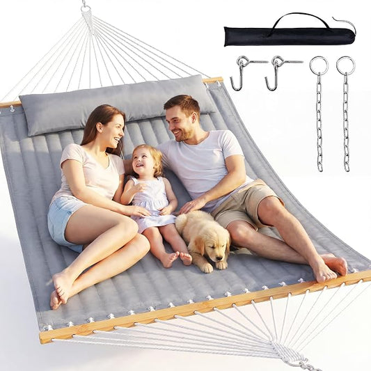 Everyfun Double Hammock with Spreader Bar - 2 Person Patio Hammock, 500 lbs Capacity, Soft Pillow & Carry Bag, Flat Wide Bed, Portable Quilted Hammock for Outdoor Camping Backyard Garden,Dark Gray