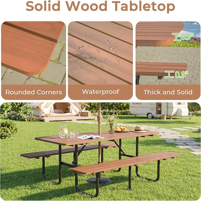 72 Inch Rectangular Outdoor Picnic Table for 6 Person, Heavy Duty Wooden Dining Set with Built-in Benches, 1.97 Inch Umbrella Hole, Waterproof and Corrosion Resistant