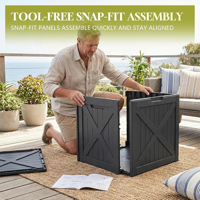 Waterproof Outdoor Storage Box Outside Deck Box Lockable Resin Bench UV Resistant Furniture Cushion Pool Tool Float Bin Patio Garden Porch (Black, 40 Gallon)