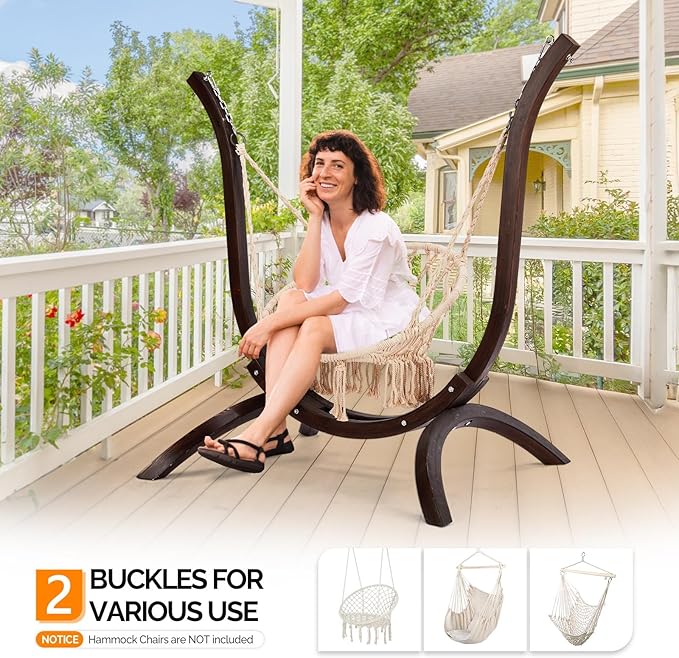 Solid Wood Hammock Stand for Indoor & Outdoor Use, Fit Most Hammock Chairs, Heavy-Duty Arc Design, Weatherproof Coating, Easy Assembly - Carbonized Brown, Sturdy & Stable Hanging Frame (No Chair)