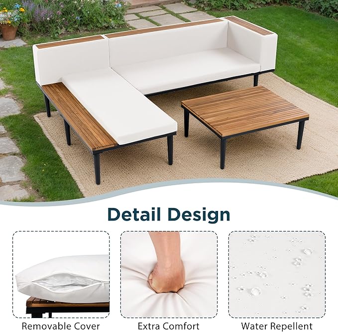 Luxury Outdoor Patio Furniture Set, L-Shaped Acacia Wood Sectional Sofa with Side Table, All-Weather Conversation Set with Removable Cushions and Coffee Table for Backyard Porch (Beige-4.20)