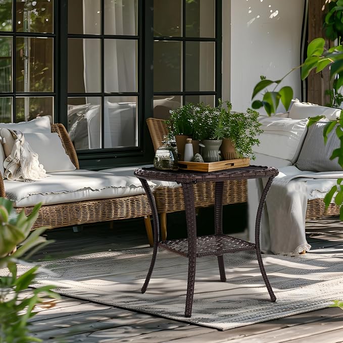 Outdoor Patio Side Table Set of 2 Small Brown Wicker Rattan End Table for Outside Storage Coffee Table with Poly Lumber Table Top for Garden Lawn Pool Porch Deck