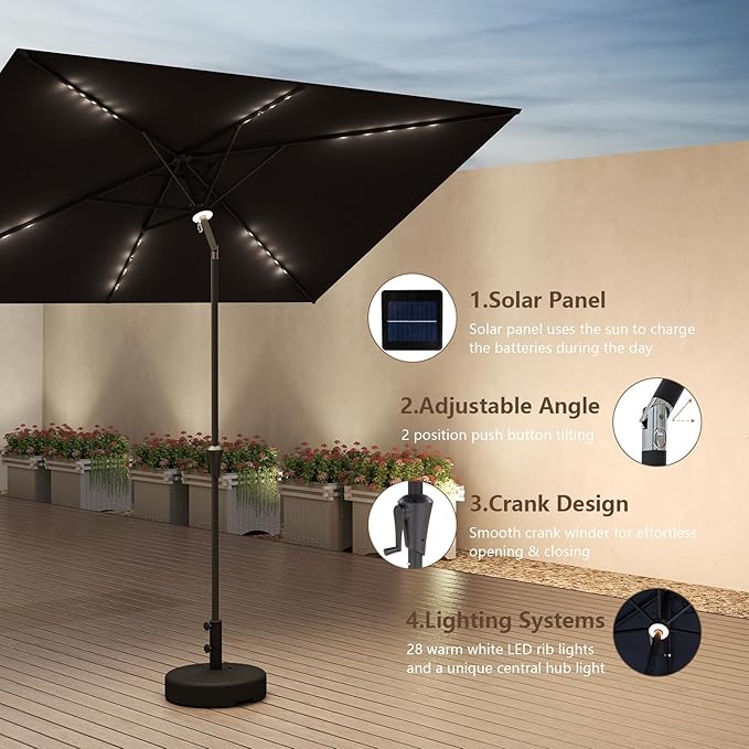 C-Hopetree Rectangular Outdoor Patio Market Umbrella with Solar LED Lights 6.5 x 10 ft