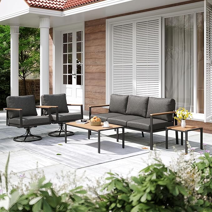 Patio Conversation Set, 5 Pcs Outdoor Furniture with 3-Seater Sofa, 2 Single Rotate 360° Chairs, Coffee Table and End Table, 5 Seats Couch with Washable Thick Cushions for Backyard Porch Balcony