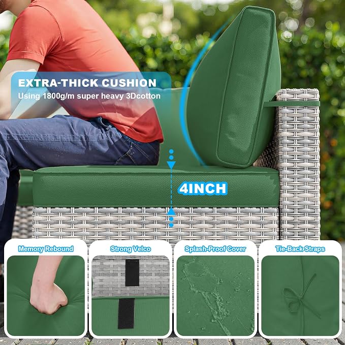 11-Piece Patio Furniture Set, Outdoor Patio Furniture with 55,000 BTU Fire Pit Table, Swivel Chairs Set, Thick Cushions, Modular Patio Sofa, Dual-Strand Wicker Rattan, Rust-Resistant Frame, Dark Green