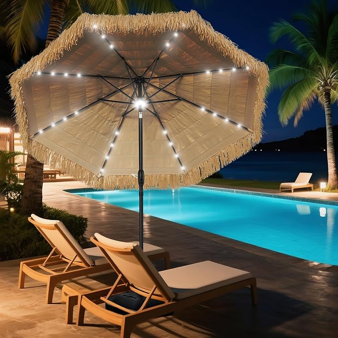 9 ft Tiki Umbrella with 32 LED Lights, Outdoor Patio Umbrella with Solar Lights, Tropical Vibes Thatched Umbrellas with 8 Ribs, Tilt Adjustment, Manual Crank, UPF 50+ for Pool, Beach, Backyard,Garden