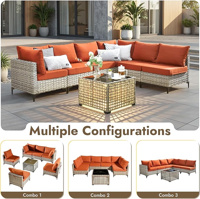 7 Pieces Patio Furniture Set with Solar Light Coffee Table, All-Weather Rattan Outdoor Sectional Conversation Sets L Shaped Sofas with Thick Cushions for Porch Balcony Backyard Orange