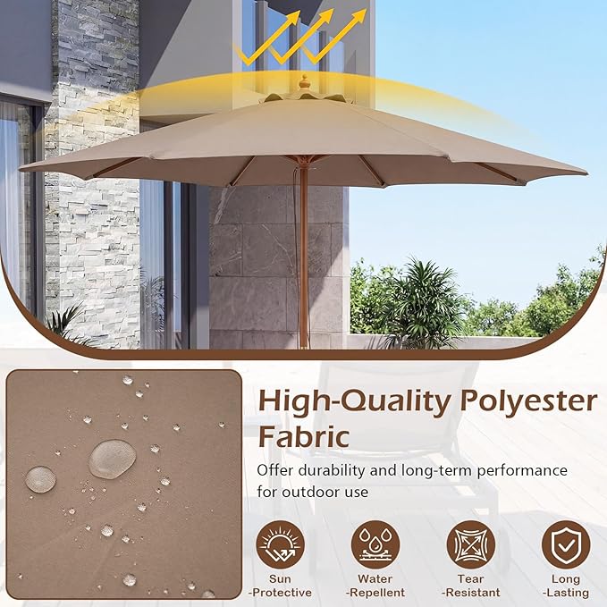 Tangkula 9 FT Patio Umbrella, Outdoor Table Market Umbrella with 8 Wooden Ribs, 3 Adjustable Heights, Rope Pulley System for Garden, Vented Top for Pool Backyard Deck Garden