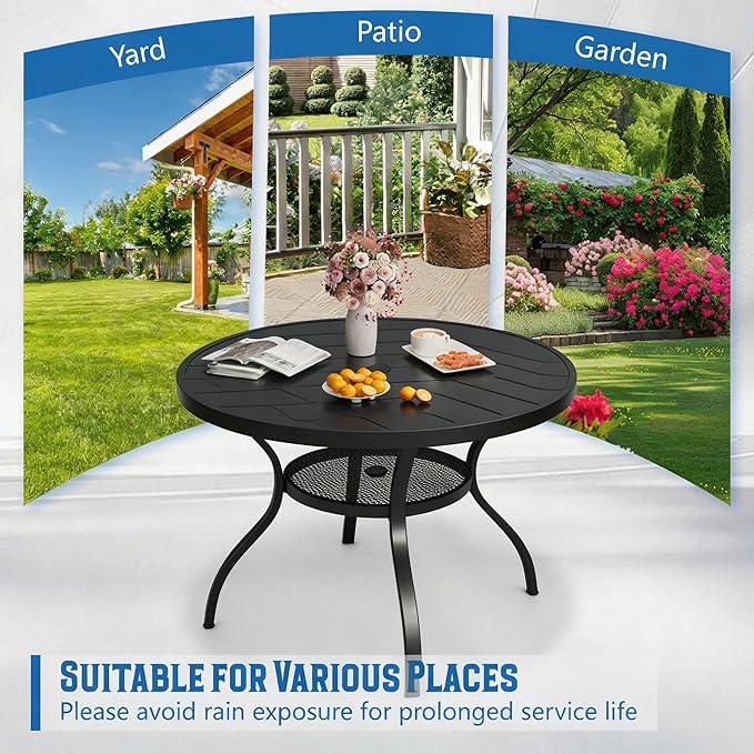 Patio Dining Table, 41" x 41" Outdoor Round Metal Table with1.57 Umbrella Hole, for Backyards, Porches, Gardens or Poolside, Black