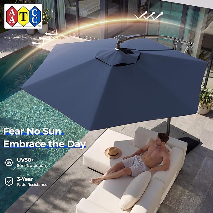 HOMSHADE 10FT Offset Patio Umbrella with Solar Lights, Outdoor Patio Umbrella with Base Included, Easy Tilt and UPF50+ Cantilever Market Hanging Umbrellas for Pool, Deck, Garden, Patio (Navy Blue)