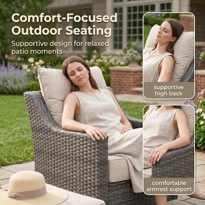 8-Piece Outdoor Patio Furniture Set, Grey Wicker Set with Sofa, 2 Swivel Chairs, 2 Chairs, 2 Ottomans and Side Table, 6-Inch Beige Cushions for Backyard