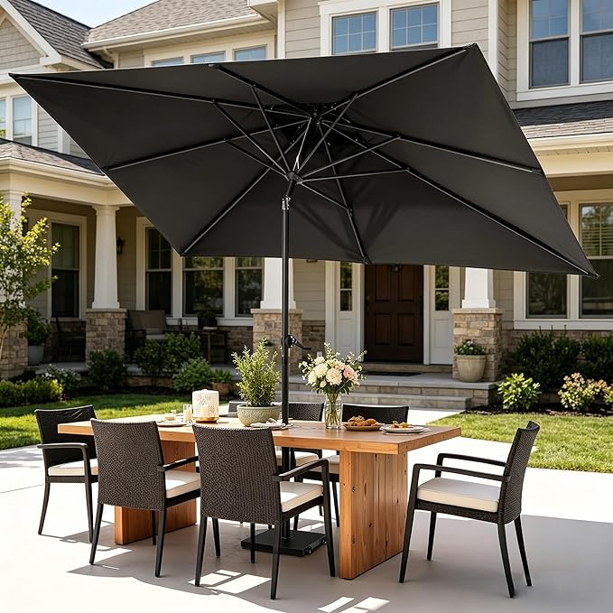9-10ft Patio Umbrella with Base Included - Outdoor Table Umbrella with 2-Year Fade-Resistant Canopy, 43-lb Heavy-Duty Concrete Umbrella Stand with Wheel for Deck, Porch & Backyard