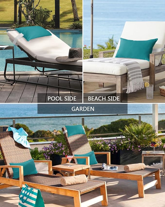 Outdoor Pillow for Chaise Lounge Chair, Pure Teal Green Solid Color Waterproof Recliner Headrest Pillow Lumbar Pillows with Adjustable Elastic Strap for Beach, Poolside, Patio, Office (1 Pack)
