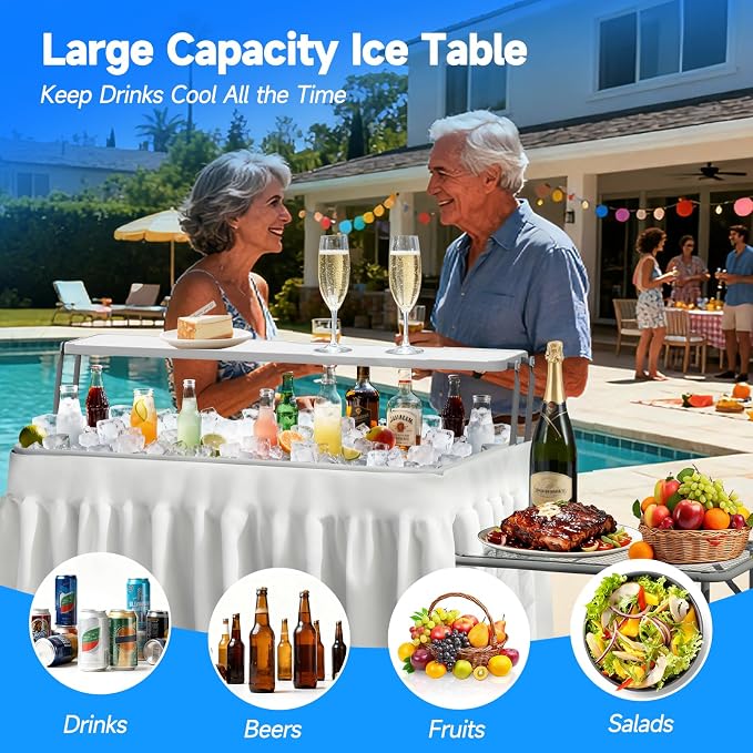 Ice Cooler Folding Table with Metal Side Desktop, Double-Layer Party Chilling Table with Drain and Detachable White Skirt to Keep Drinks Cool, Ice Bar for Weddings, Outdoor, Picnics，Pool