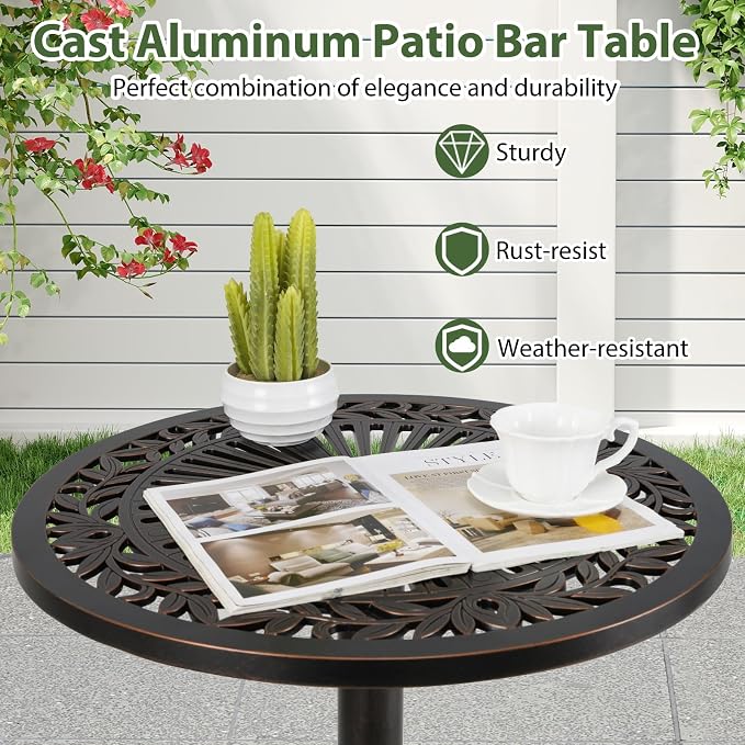 COSTWAY 24" Patio Round Bar Table, 41.5" Pub Height Cast Aluminum High Top Table with Carved Texture for Outdoor, Bistro, Garden, Backyard, Balcony, Poolside, Bronze