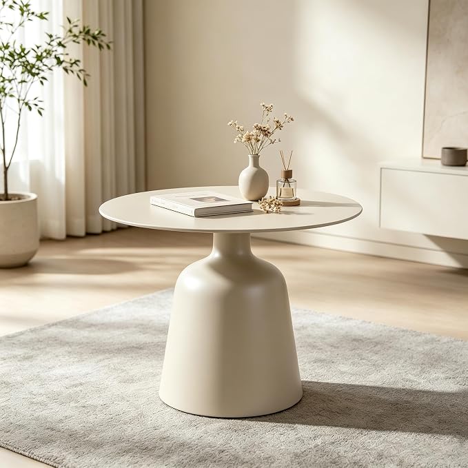 19.5" Round Pedestal Side Table, Stable Bell Base Modern Minimalist End Table, Small Coffee Accent Table for Living Room Bedroom Patio Balcony Indoor Outdoor, Champagne