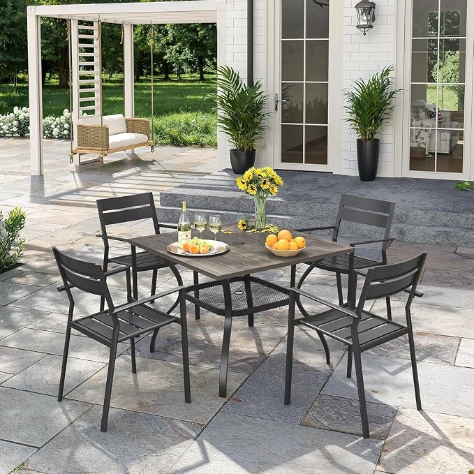 VICLLAX Outdoor Patio Dining Table for 4, Square Metal Table with Umbrella Hole and Storage Shelf for Garden, Lawn, Balcony, Deck, Grey
