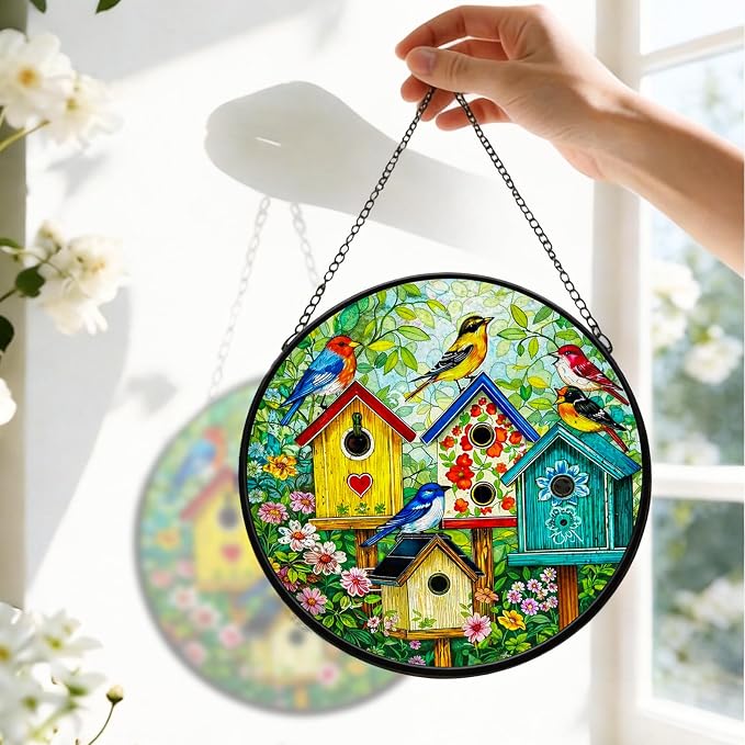 Stained Glass Window Hanging - 7.8 Inch Colorful Birdhouse Sun Catcher, Suncatcher Windows Hanging Wall Decor, Birthday Gifts for Bird Lovers, Women, Mom, Wife, Grandma and Family